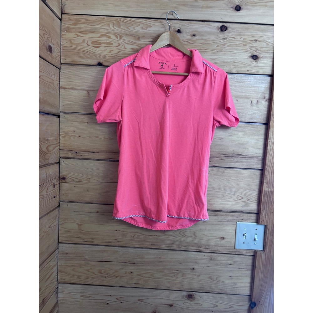 Antigua Desert Dry Womens Pink Polo Shirt Braided Trim‎ Short Sleeve Golf Top L